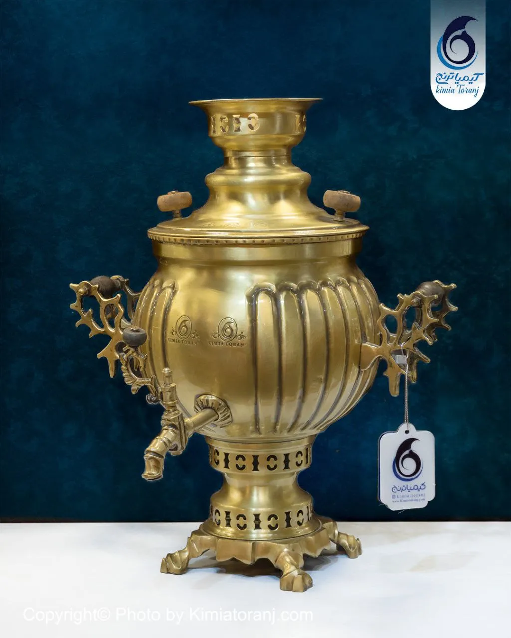 سماور ذغالی 6 لیتری توپی خطی برنجی ضخیم