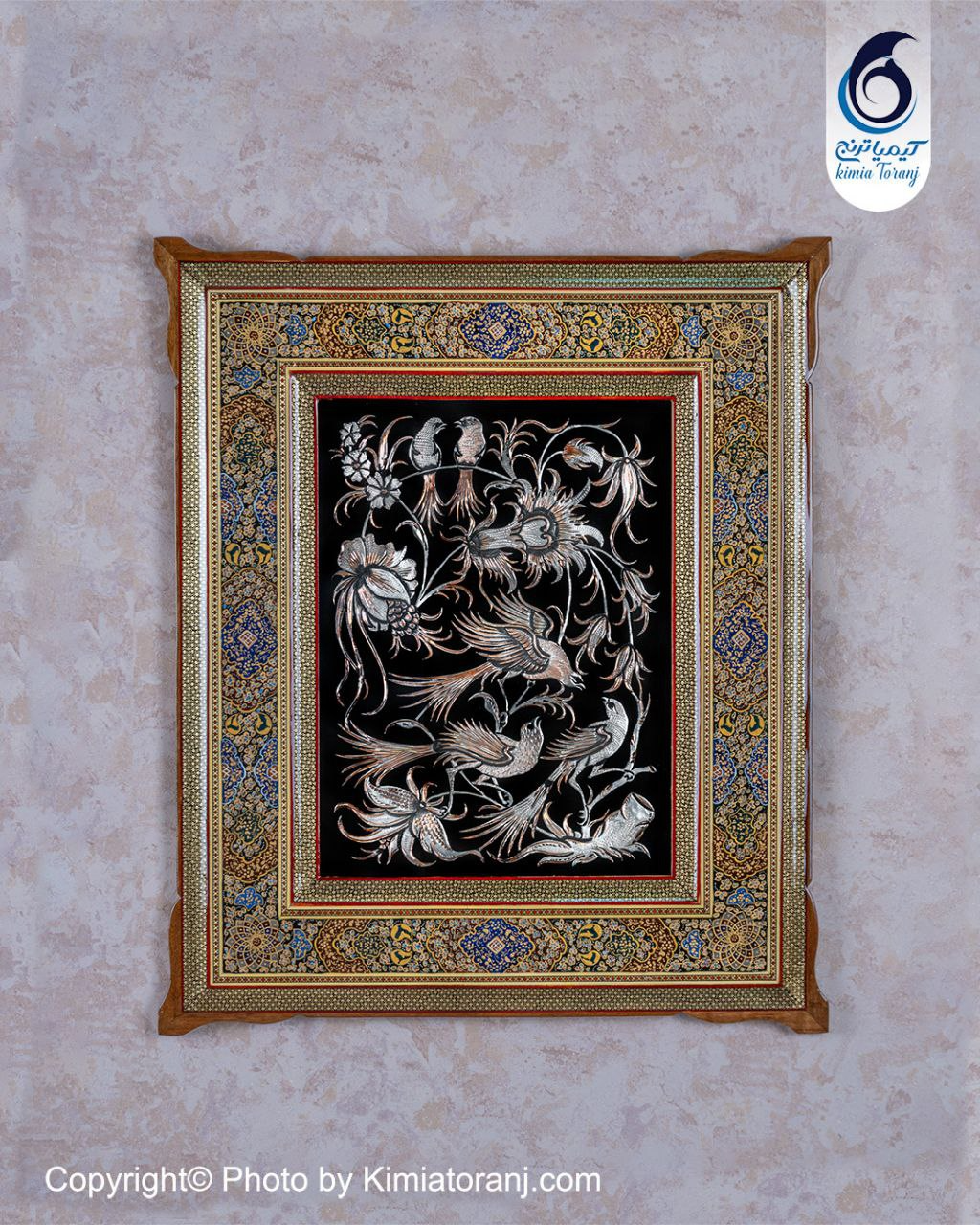تابلو خاتم و تذهیب با پلاک قلمزنی گل ومرغ