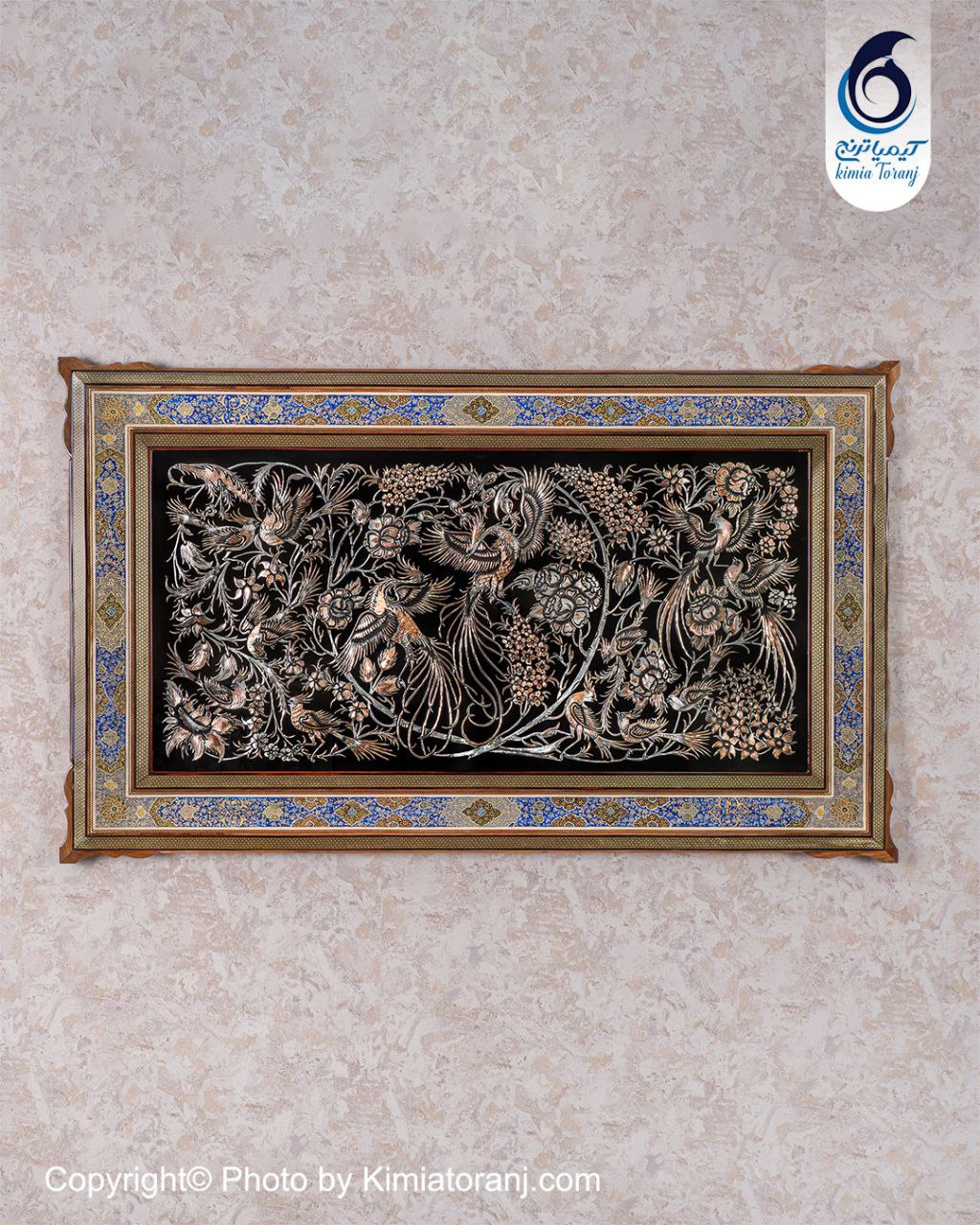 تابلو خاتم و تذهیب با پلاک قلمزنی گل و مرغ