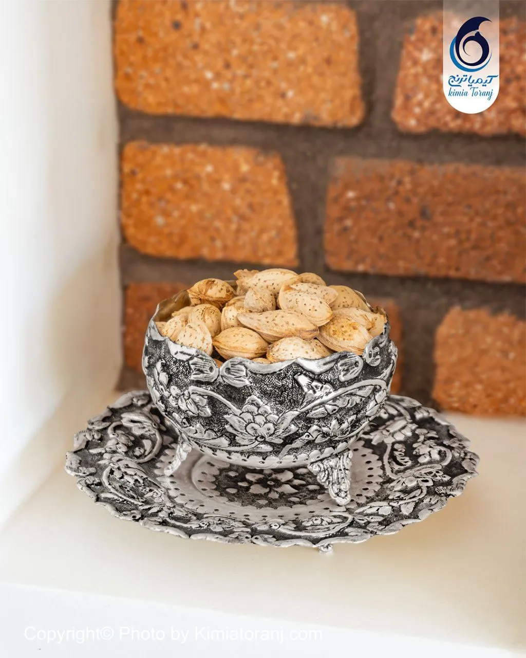 ست آجیل خوری شبه نقره سه پایه قلم گل برجسته