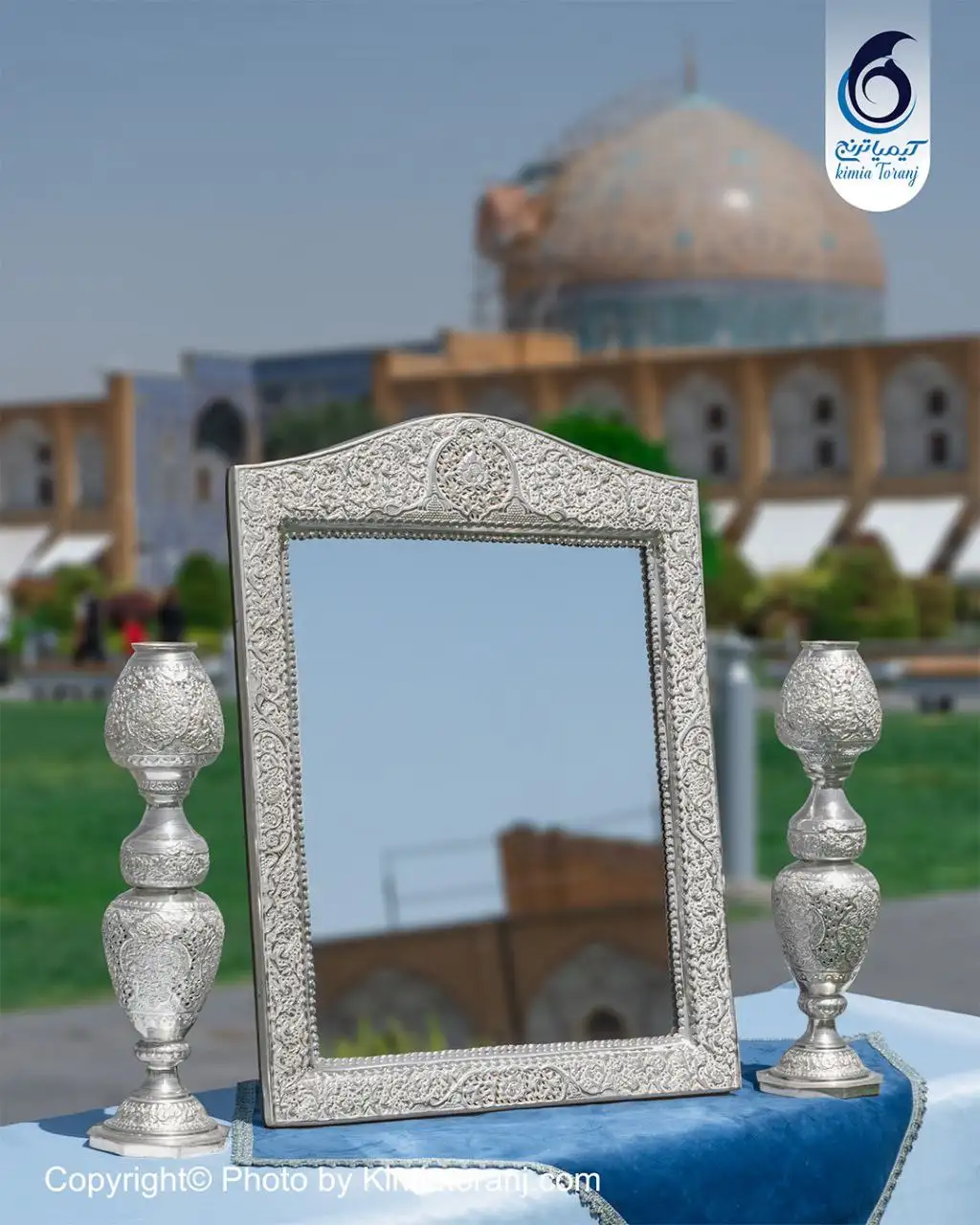 آینه  شمعدان چهارگوش تاجدار 63 شبه نقره  قلم گل و مرغ