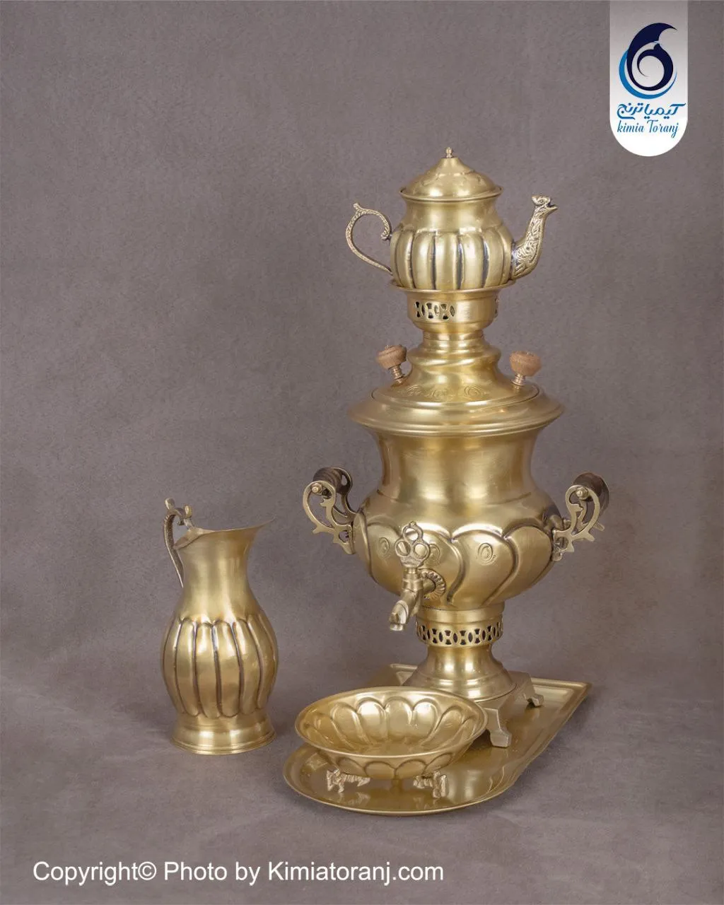 سرویس سماور زغالی 2/5 لیتری عدسی خطی برنجی ضخیم