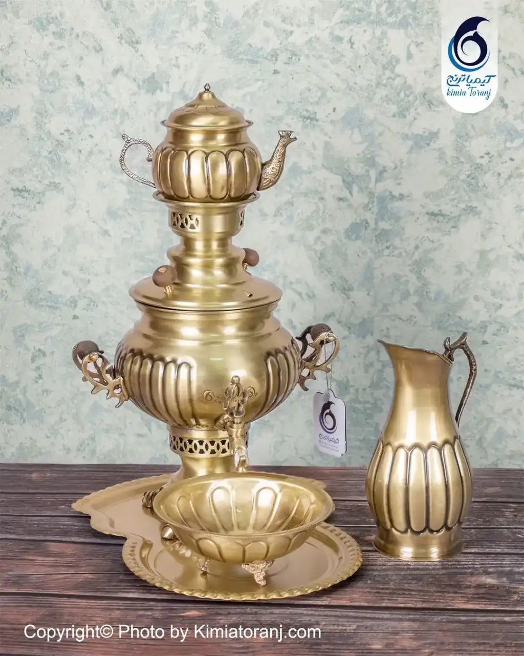 سرویس سماور زغالی 3 لیتری عدسی خطی برنجی ضخیم با ضمانت ۶۰ ماهه صنایع دستی کیمیاترنج