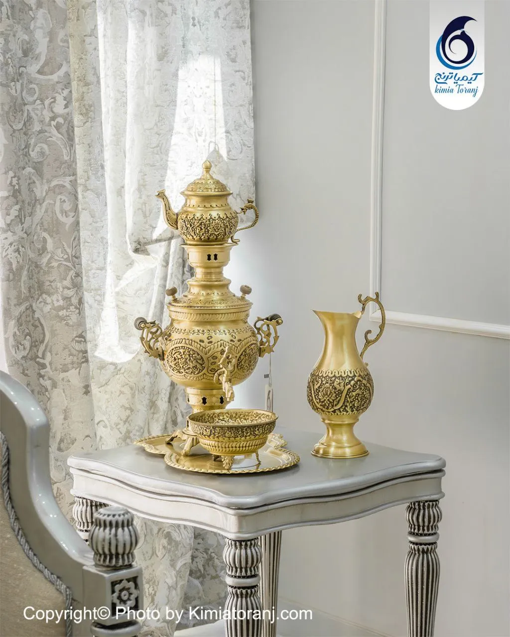 سرویس سماور زغالی 3 لیتری توپی قلمزنی گل و مرغ برنجی ضخیم