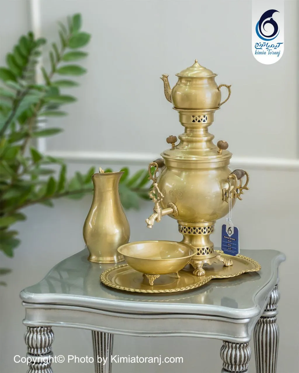 سرویس سماور زغالی 3 لیتری توپی ساده برنجی ضخیم