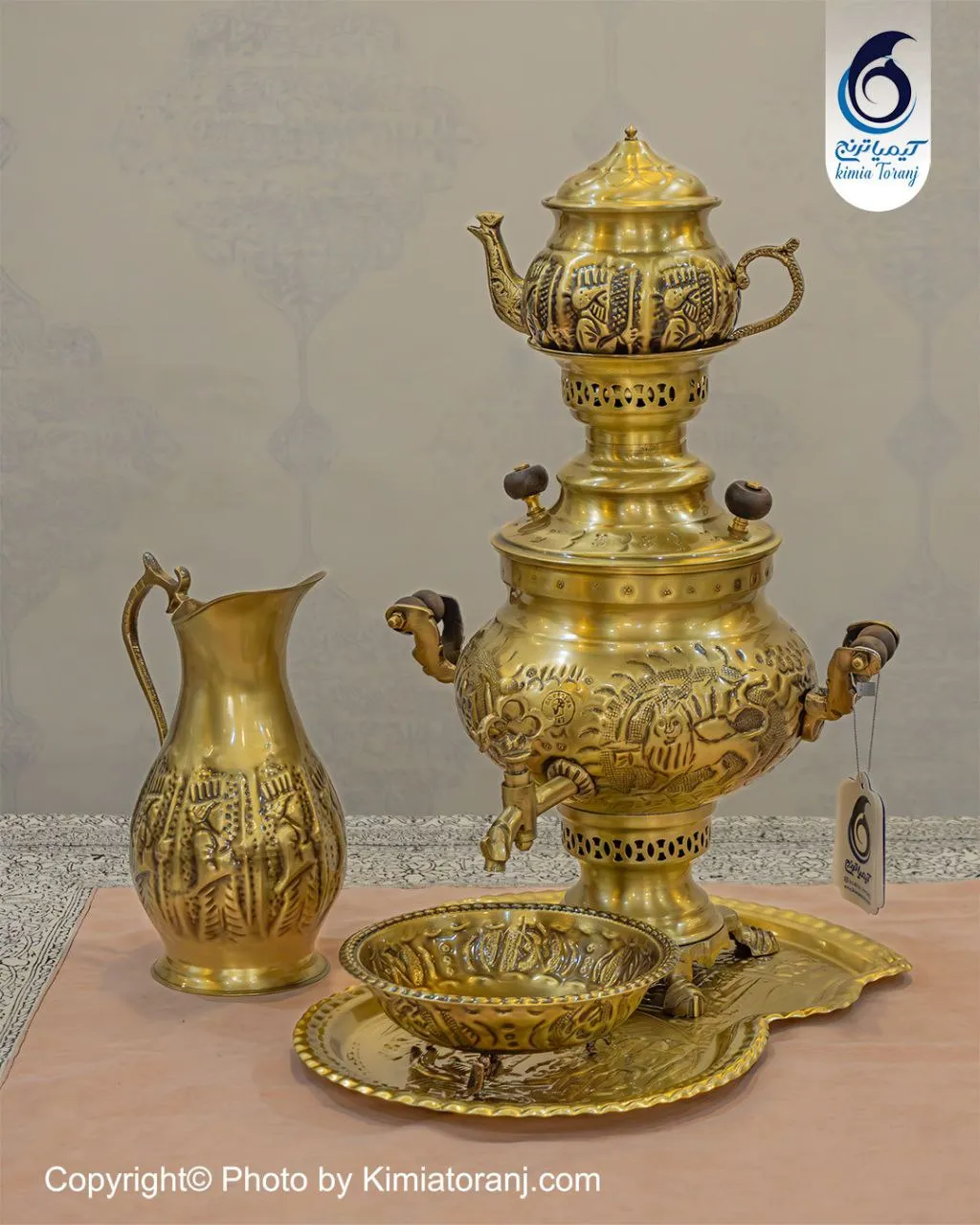 سرویس سماور زغالی 3 لیتری عدسی قلمزنی برنجی ضخیم