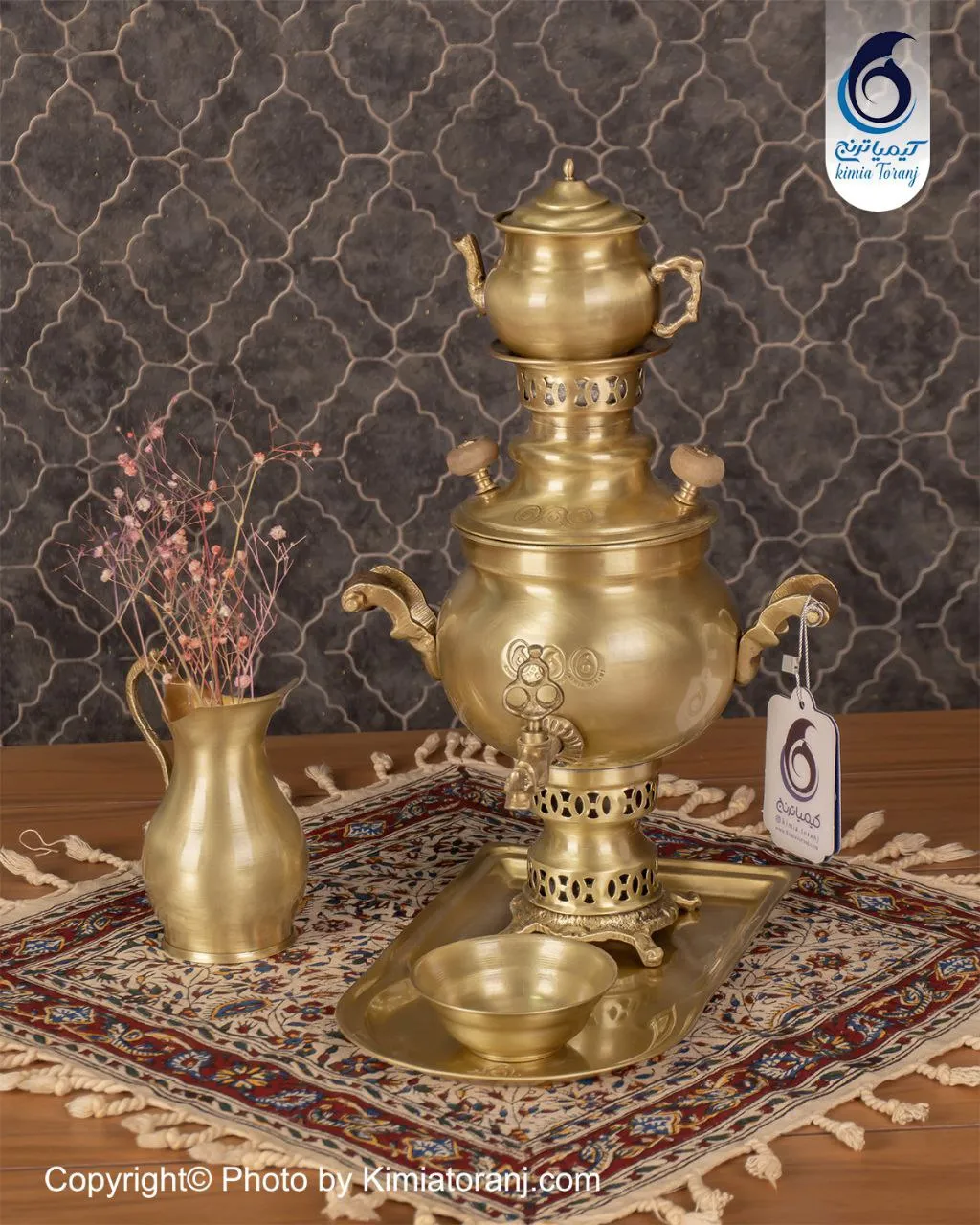 سرویس سماور زغالی 1 لیتری توپی ساده برنجی ضخیم