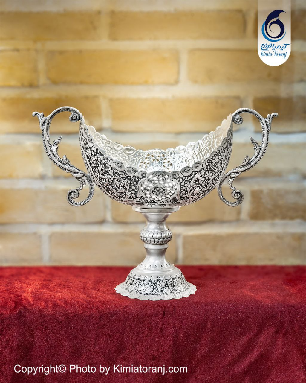 کشکول شبه نقره تک پایه دسته دار قلم گل و مرغ