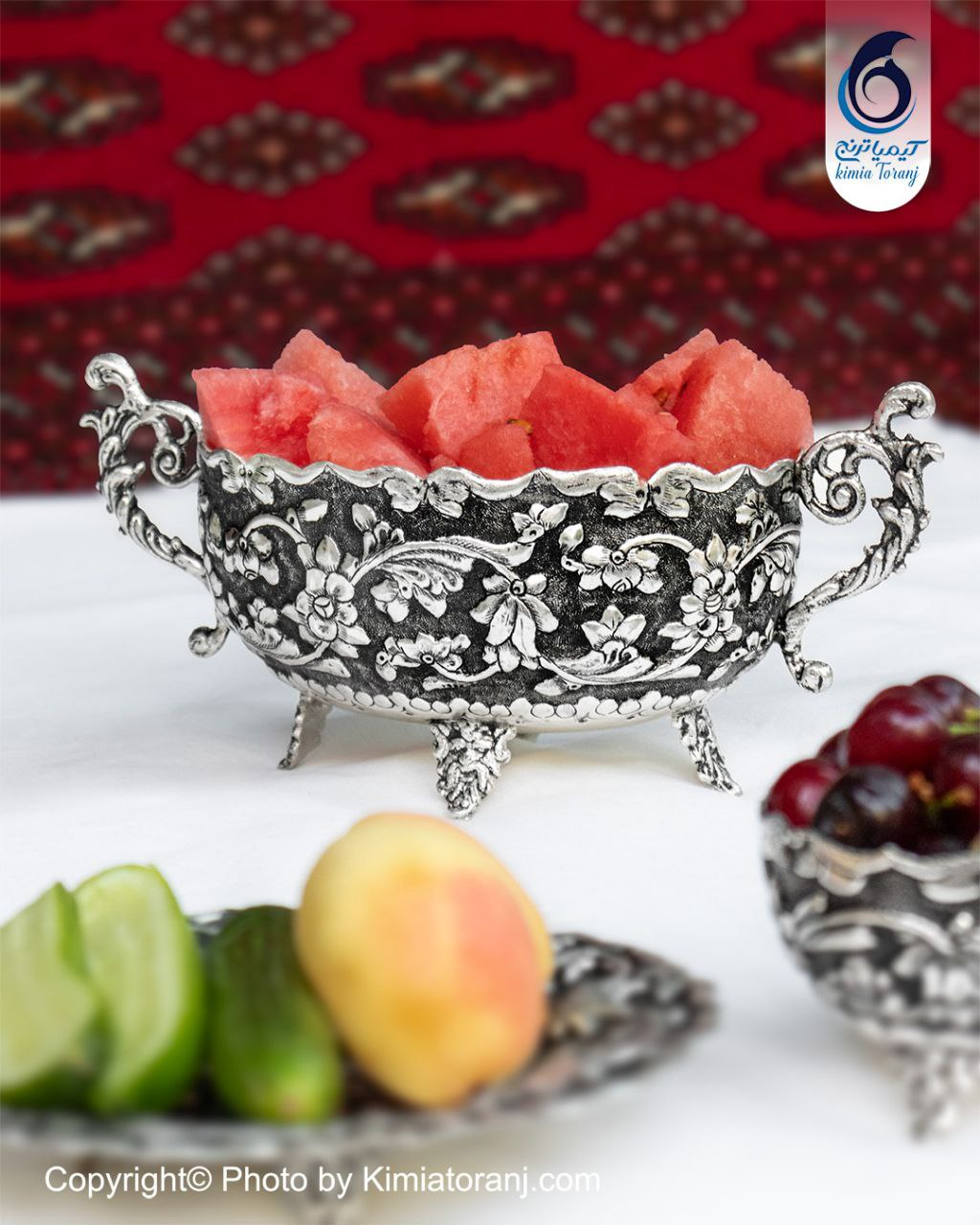 آجیل خوری شبه نقره دسته دار قلم گل برجسته