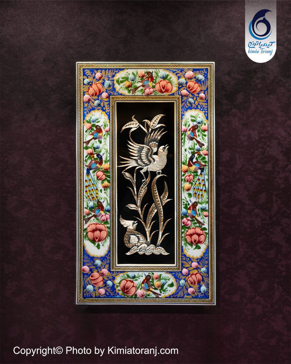 تابلو مینیاتور با پلاک قلمزنی گل و مرغ