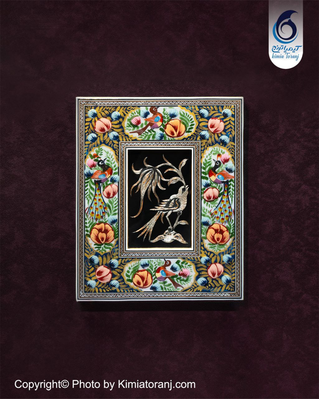تابلو مینیاتور با پلاک قلمزنی گل و مرغ