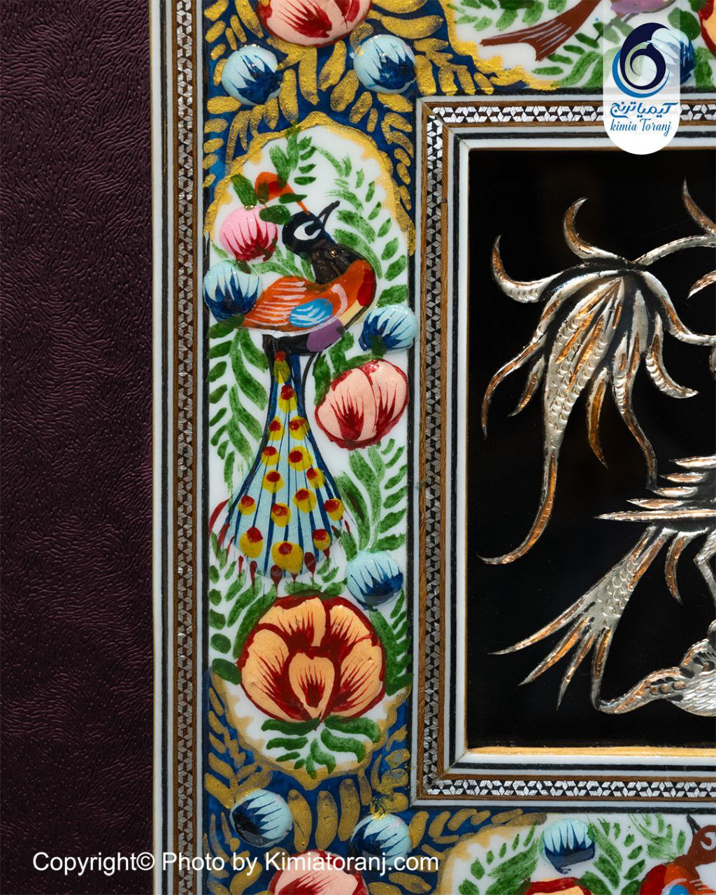 تابلو مینیاتور با پلاک قلمزنی گل و مرغ