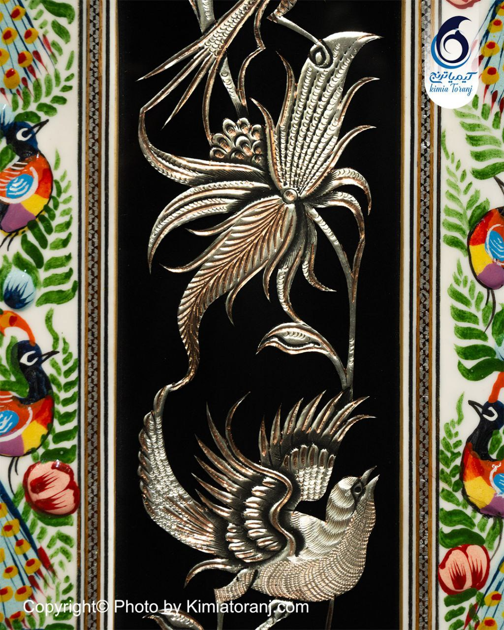 تابلو مینیاتور با پلاک قلمزنی گل و مرغ