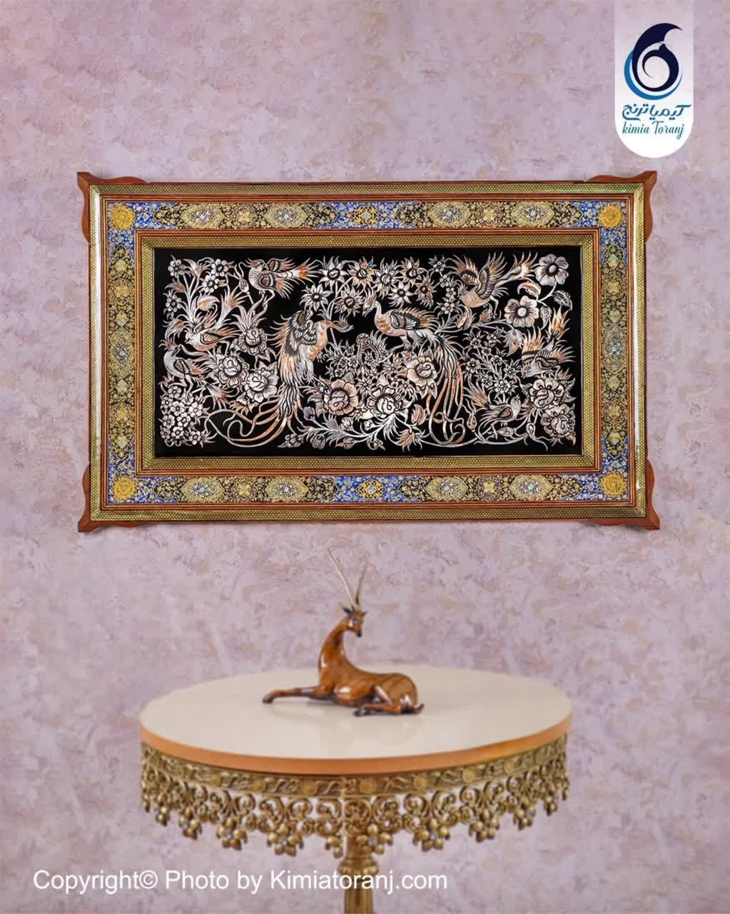 تابلو خاتم و تذهیب با پلاک قلمزنی گل و مرغ