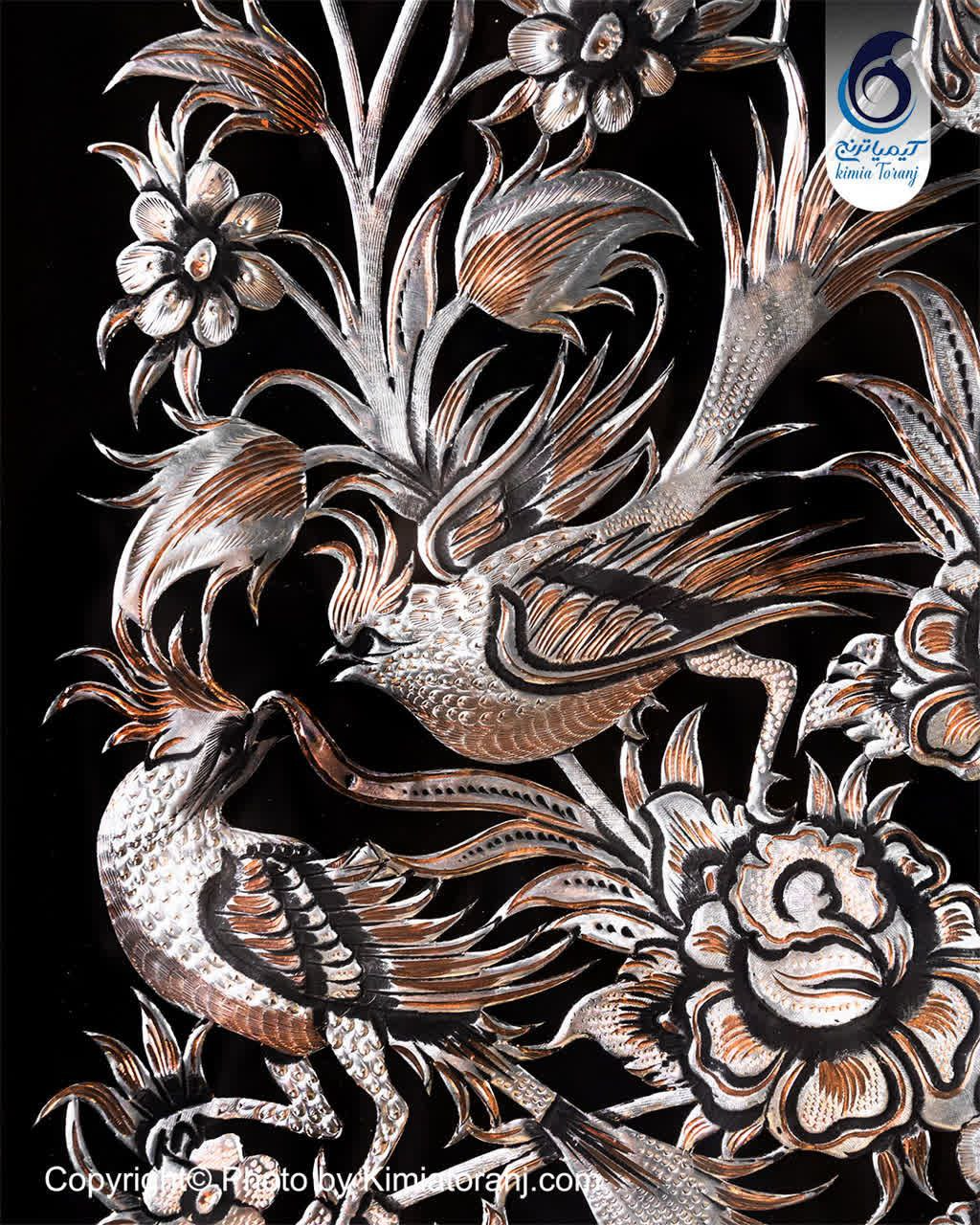 تابلو خاتم و تذهیب با پلاک قلمزنی گل و مرغ