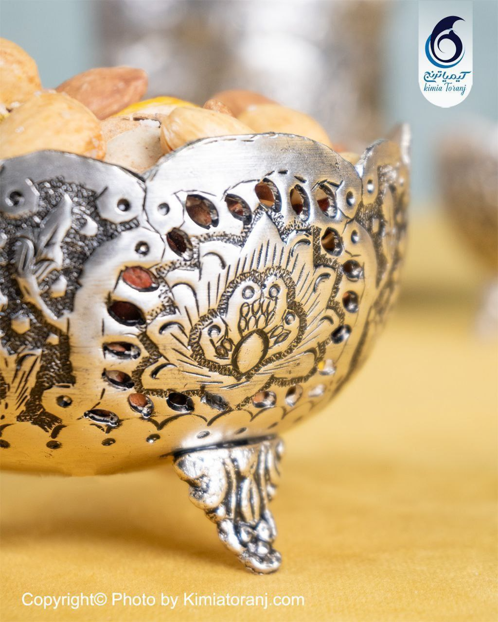 پیاله شبه نقره سه پایه قلم گل و مرغ