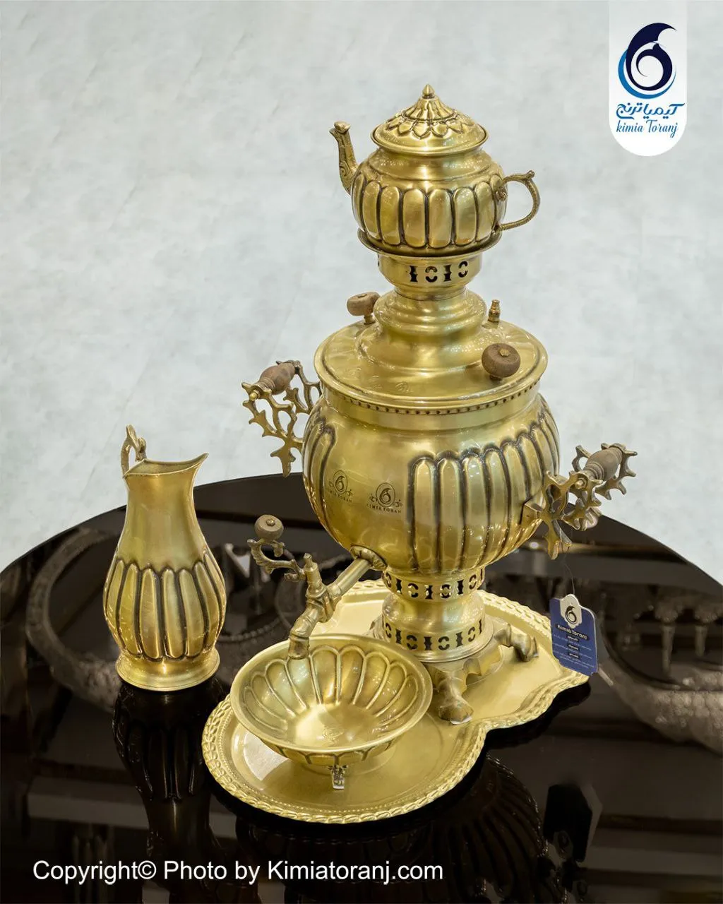 سرویس سماور ذغالی 6 لیتری توپی خطی برنجی ضخیم