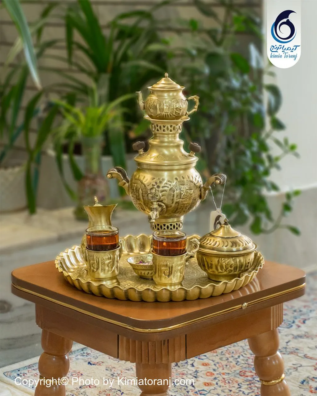 سرویس سماور ذغالی 1 لیتری توپی قلمزنی برنجی ضخیم