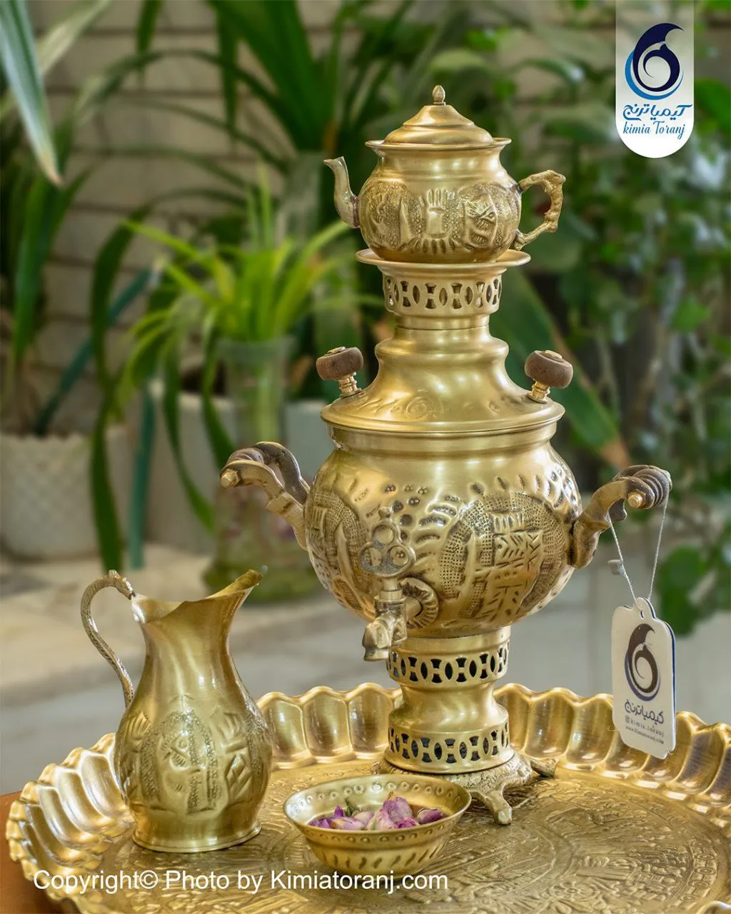 سرویس سماور ذغالی 1 لیتری توپی قلمزنی برنجی ضخیم