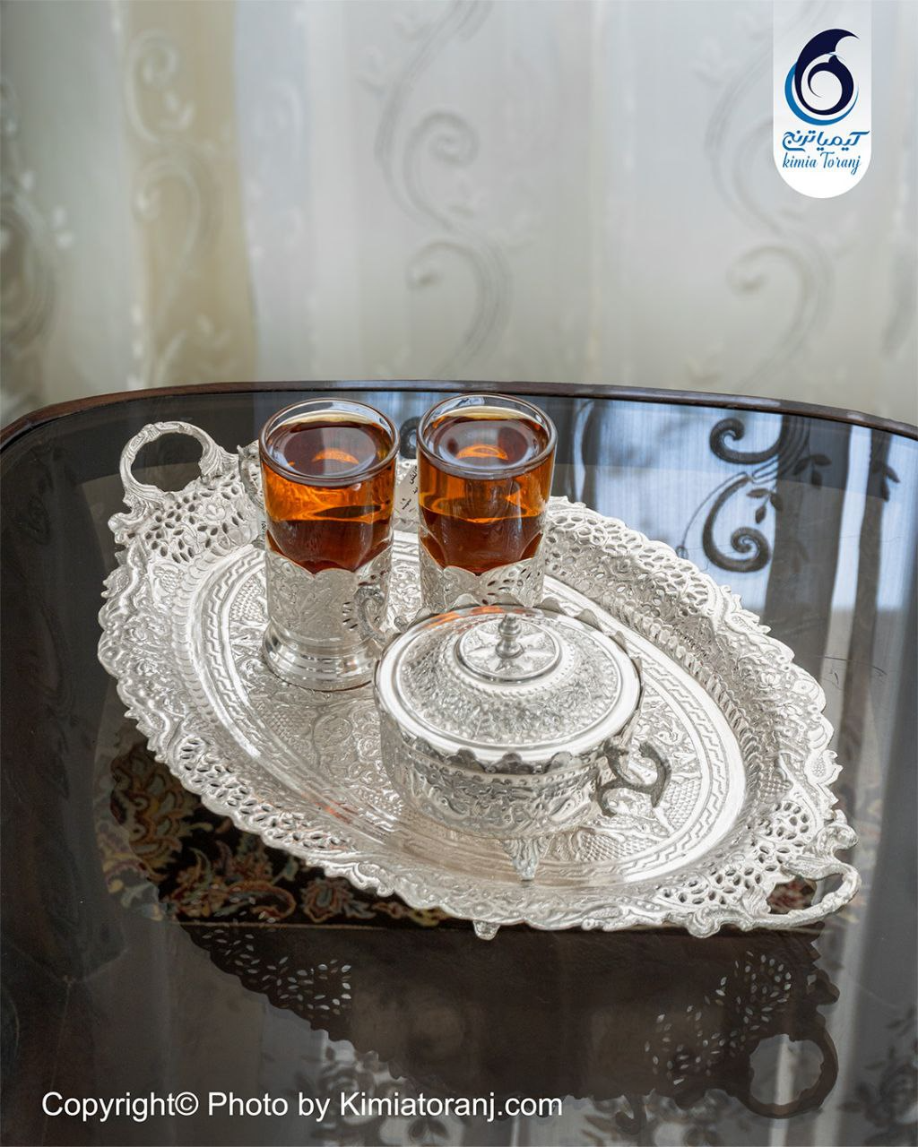 ست چایخوری 2 نفره شبه نقره قلم گل و مرغ