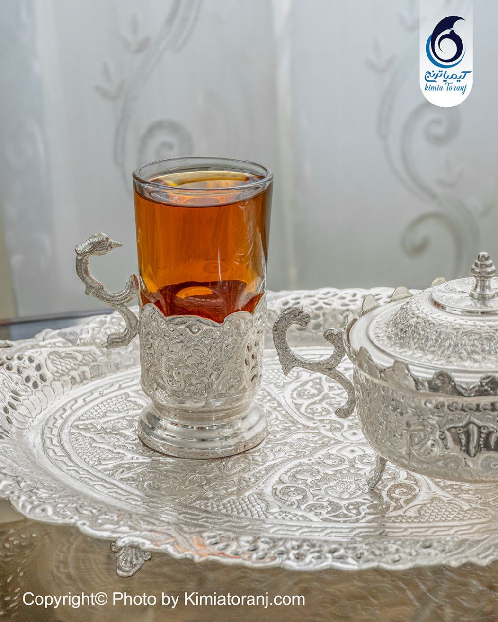 ست چایخوری 2 نفره شبه نقره قلم گل و مرغ