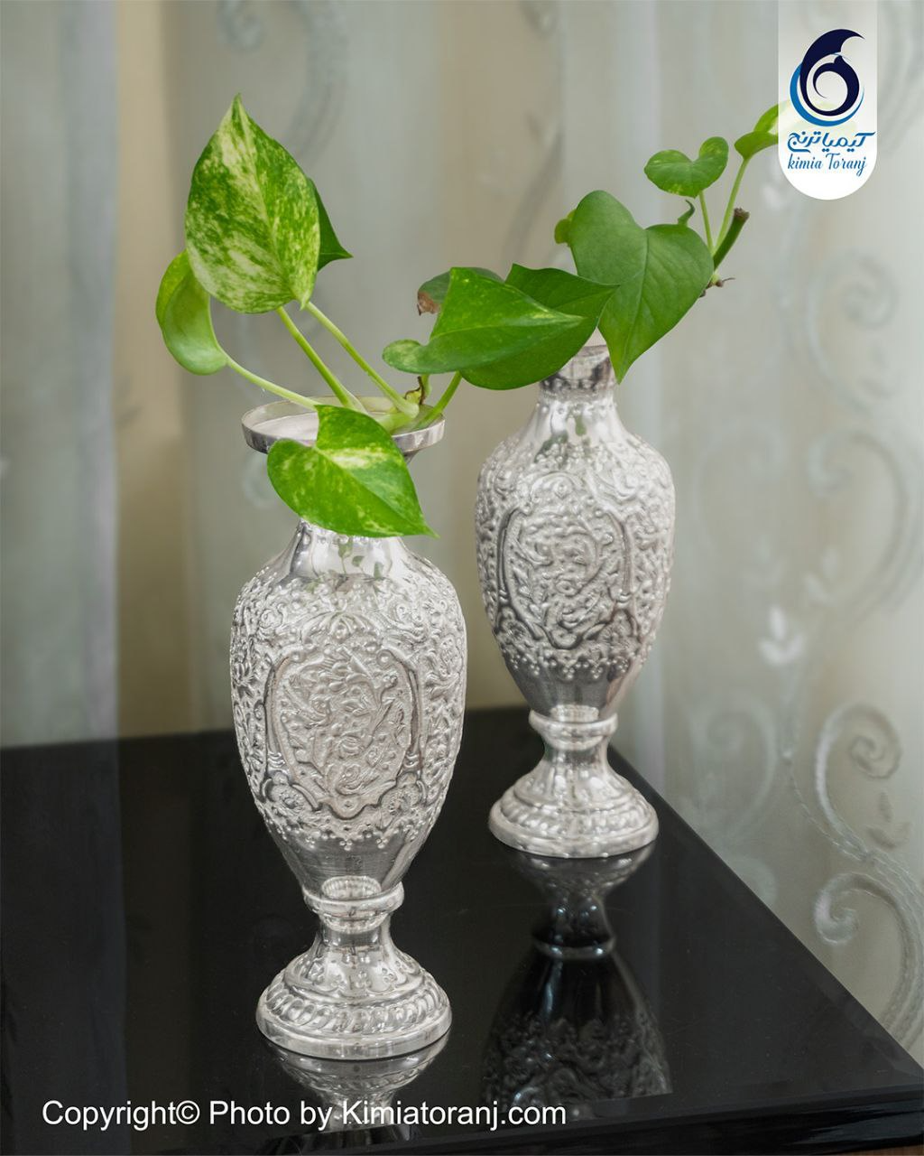 گلدان شکمی شبه نقره قلم گل و مرغ