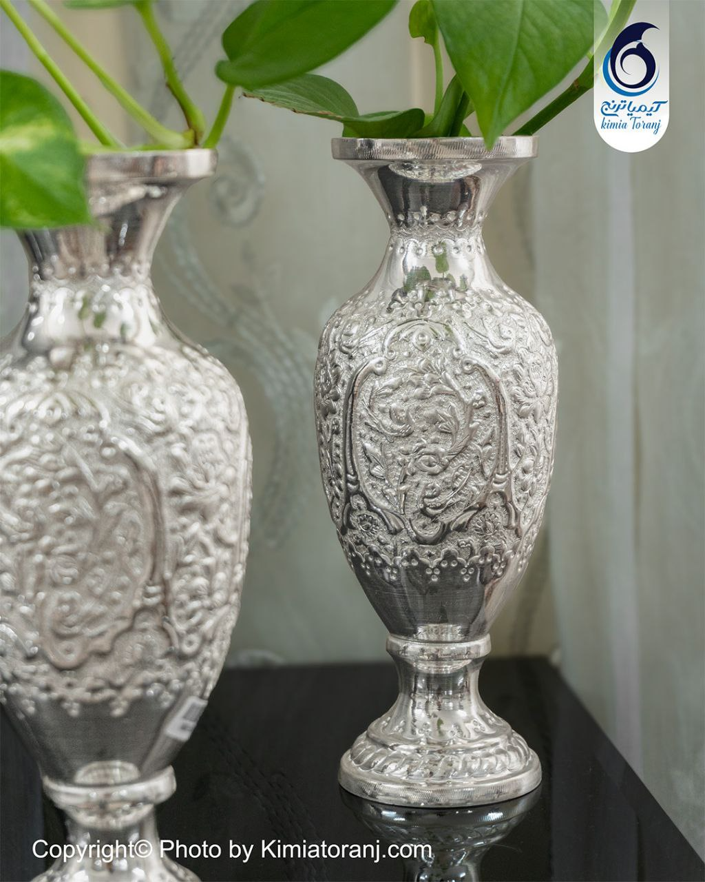 گلدان شکمی شبه نقره قلم گل و مرغ