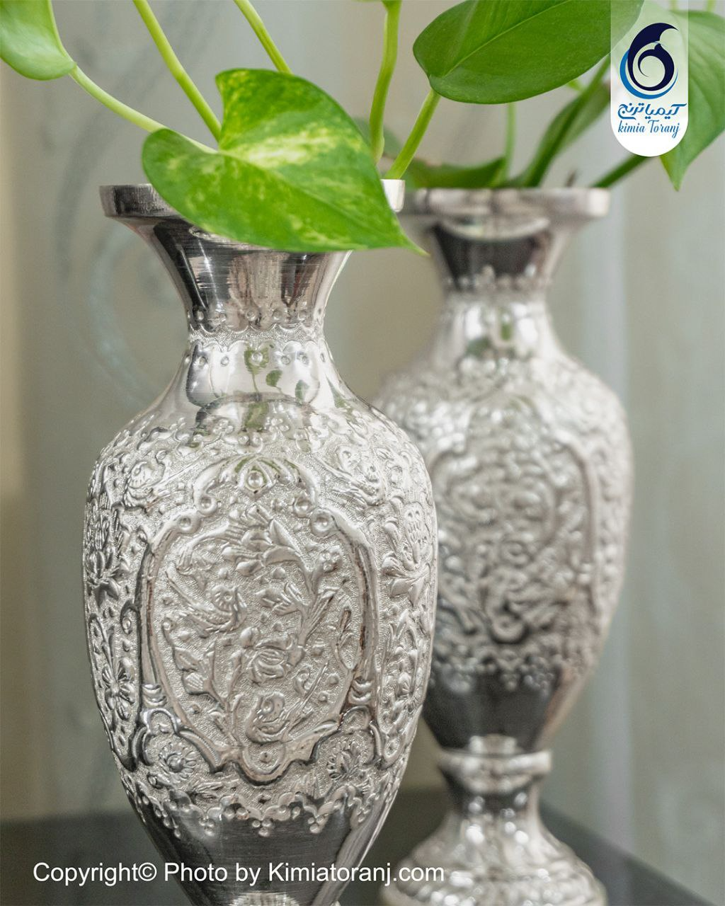 گلدان شکمی شبه نقره قلم گل و مرغ