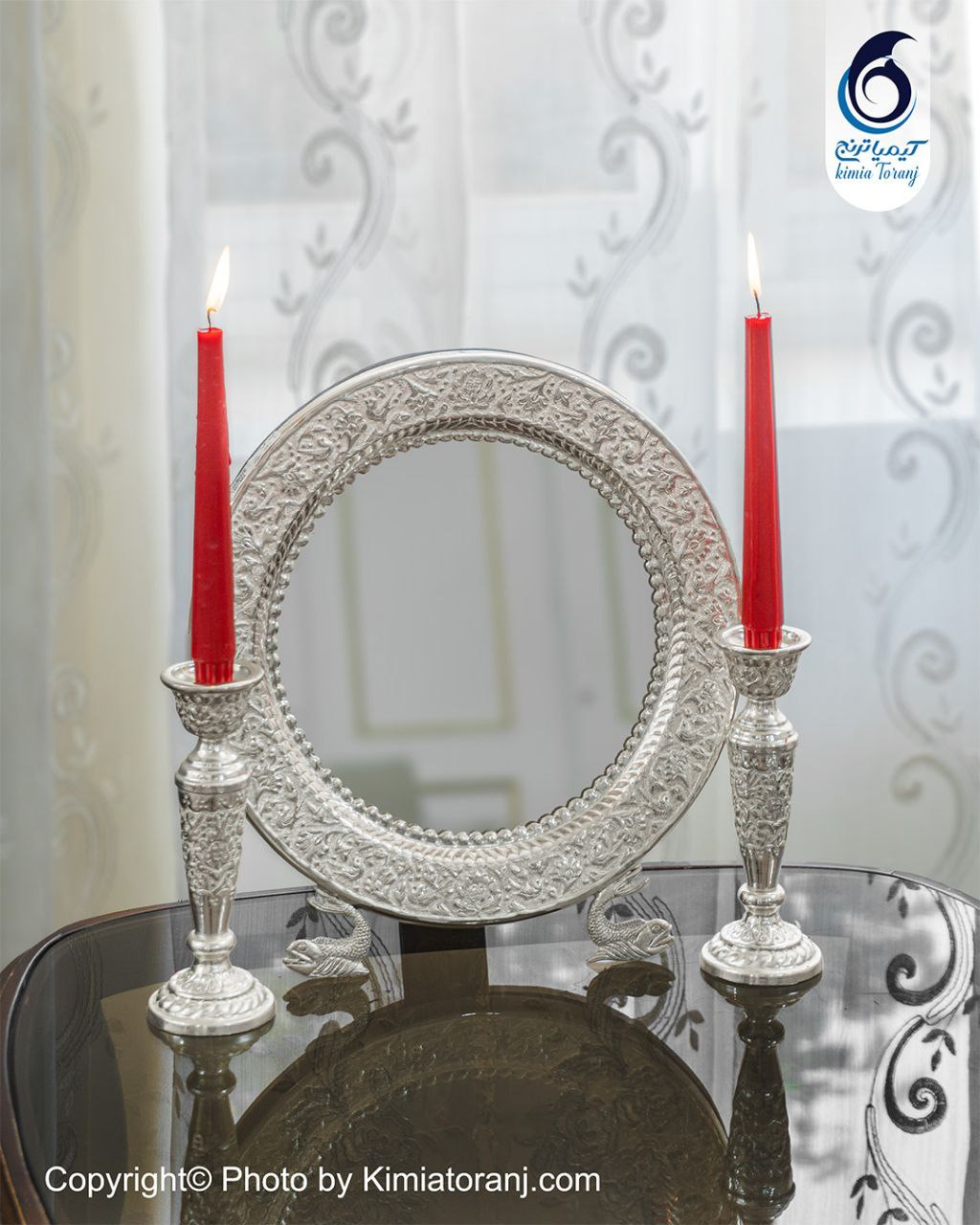 آینه شمعدان گرد 28 شبه نقره قلم گل و مرغ