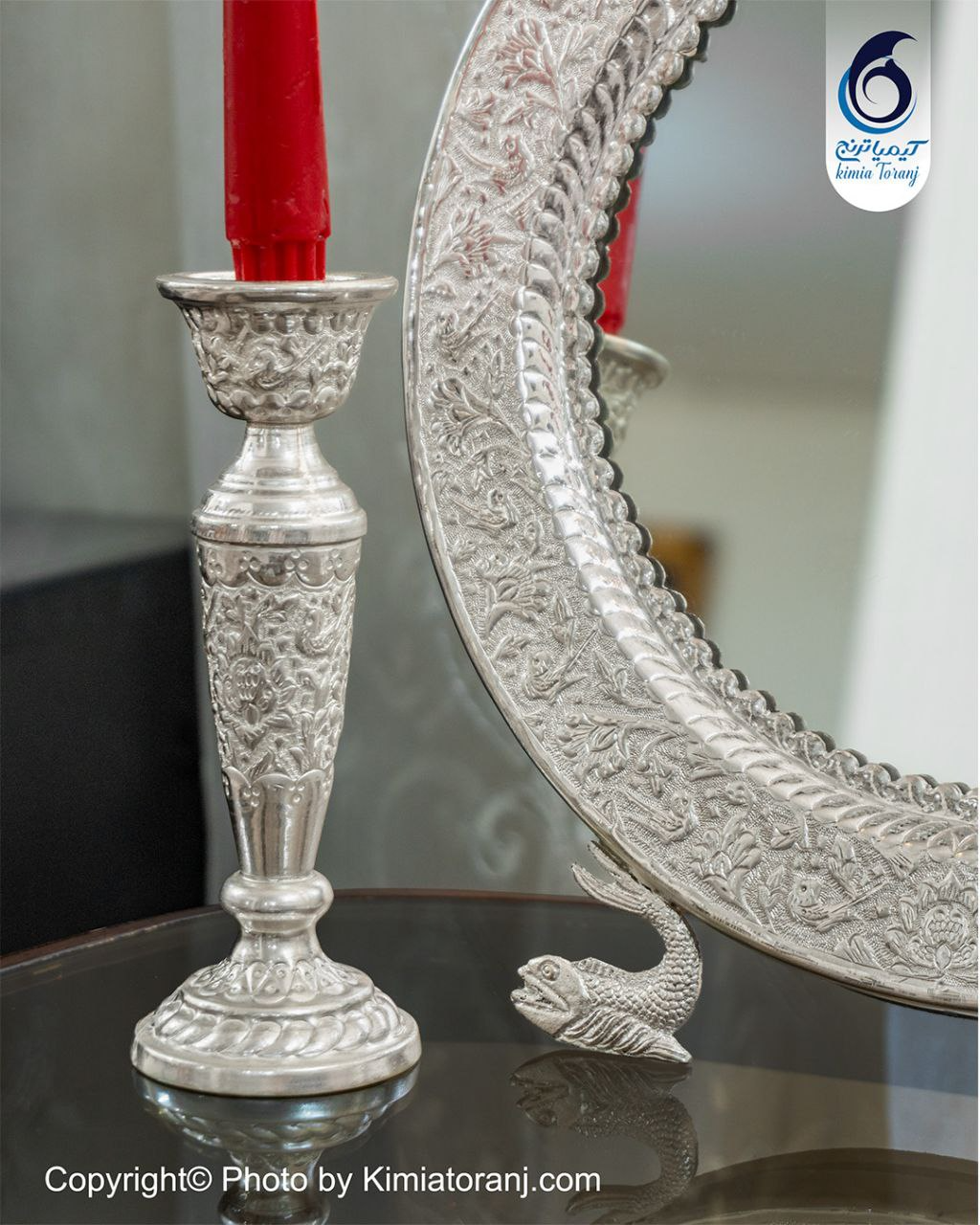 آینه شمعدان گرد 28 شبه نقره قلم گل و مرغ