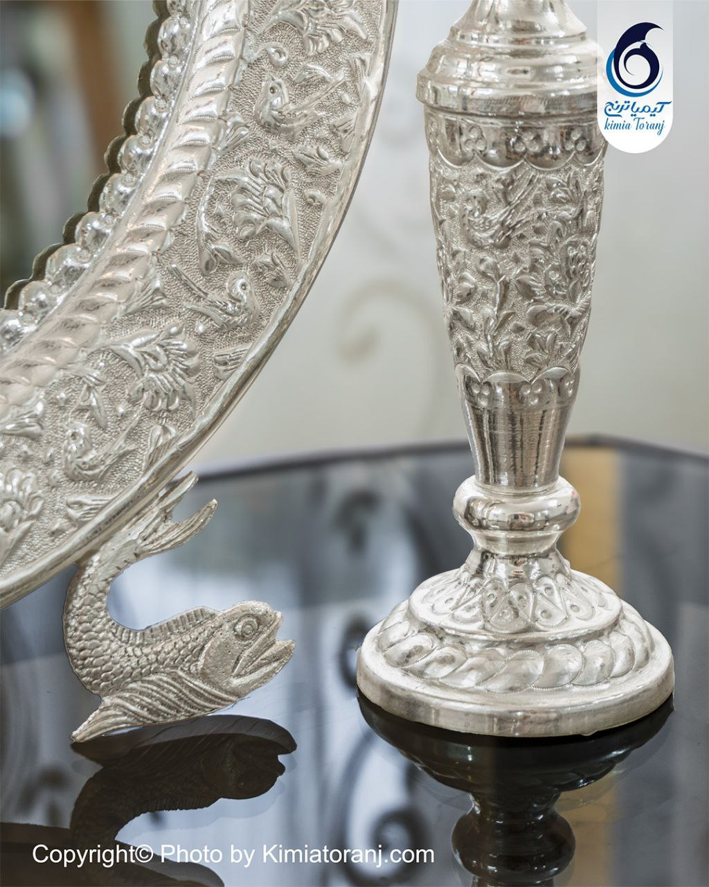 آینه شمعدان گرد 28 شبه نقره قلم گل و مرغ