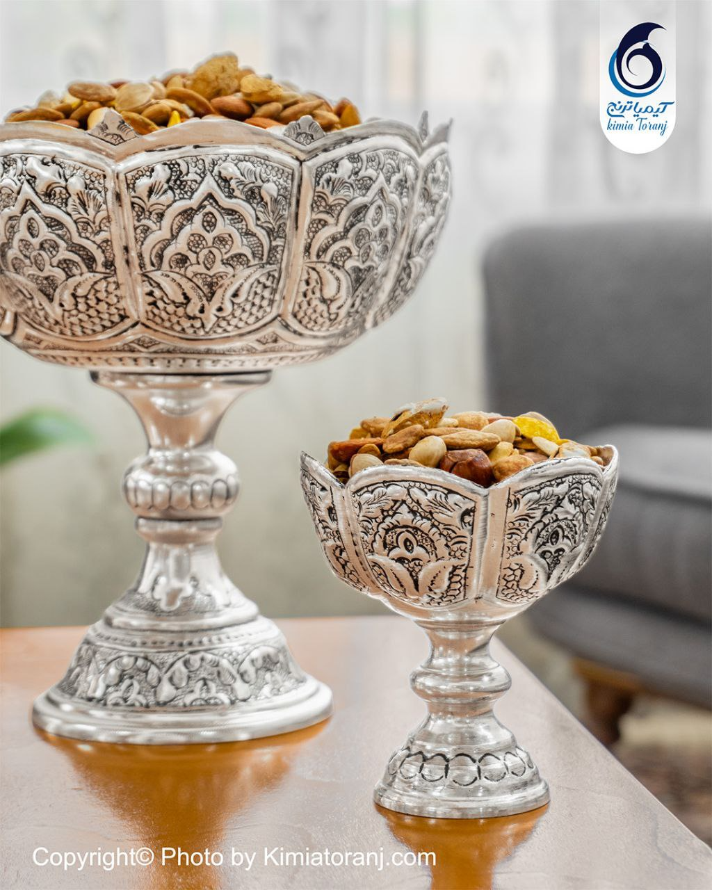 ست آجیل خوری شبه نقره تک‌پایه قلم اسلیمی