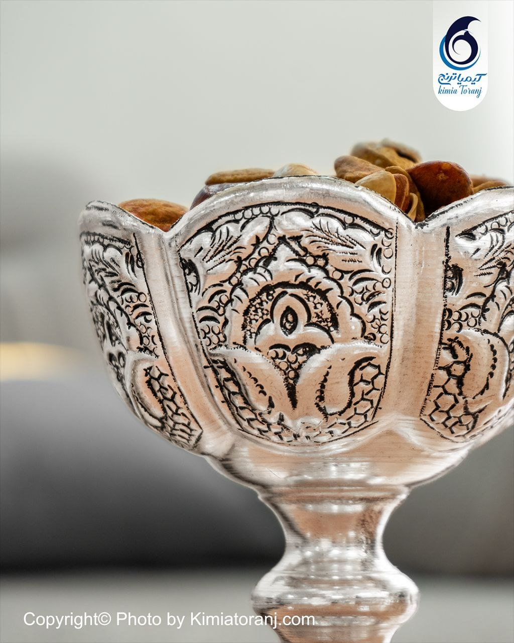 کاسه آجیل خوری شبه نقره تک پایه قلم اسلیمی