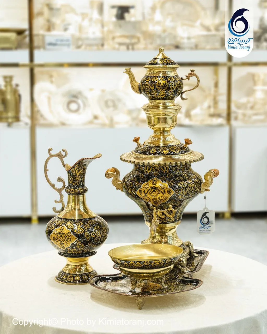 سرویس سماور زرینه 6 لیتر دست ساز عدسی لبه دالبر برنجی