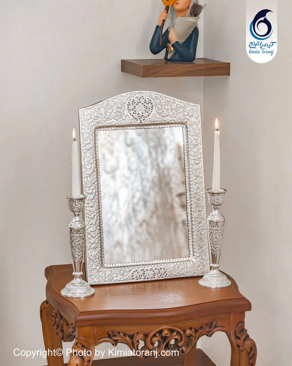آینه شمعدان چهارگوش تاجدار 53 شبه نقره گل و مرغ