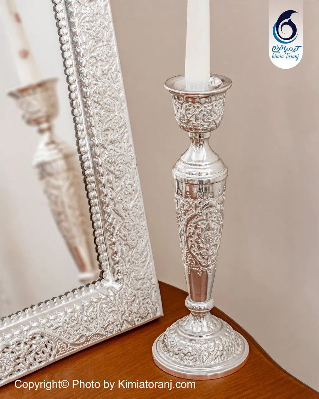 آینه شمعدان چهارگوش تاجدار 53 شبه نقره گل و مرغ