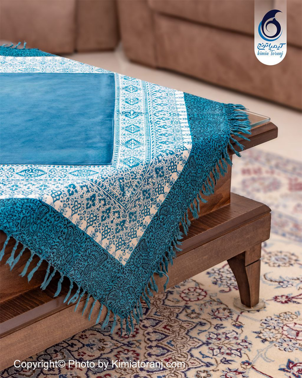 پارچه مخمل قلم کار آبی لاجورد حاشیه سنتی