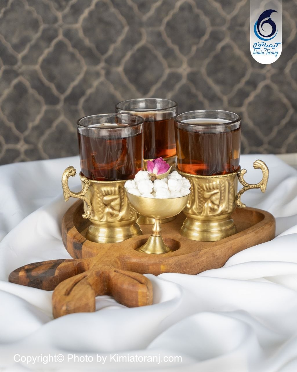 ست چایخوری برگی 3 نفره چوبی و  برنجی قلمزنی