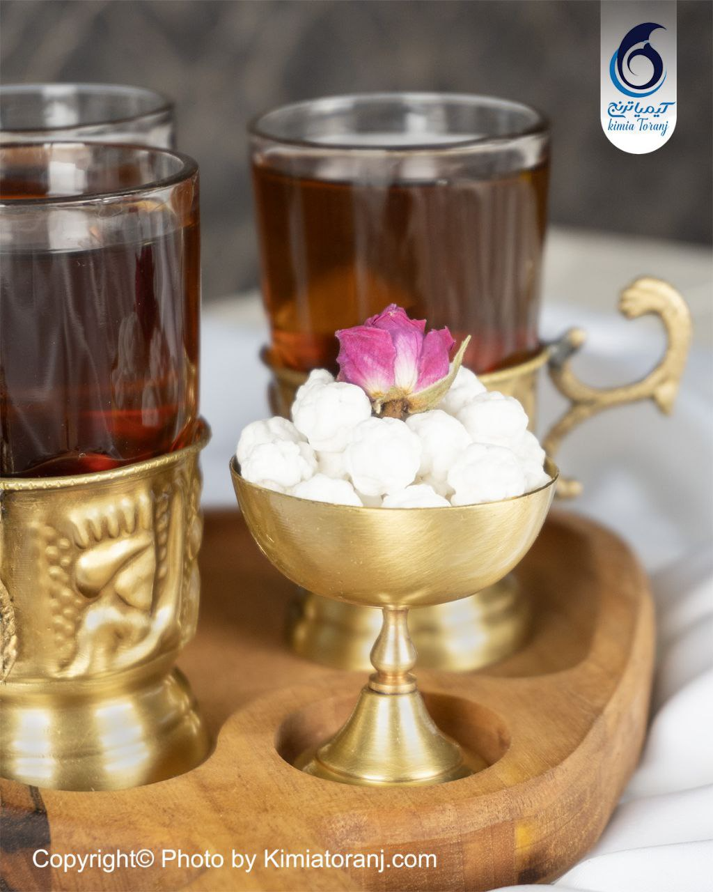 ست چایخوری برگی 3 نفره چوبی و  برنجی قلمزنی