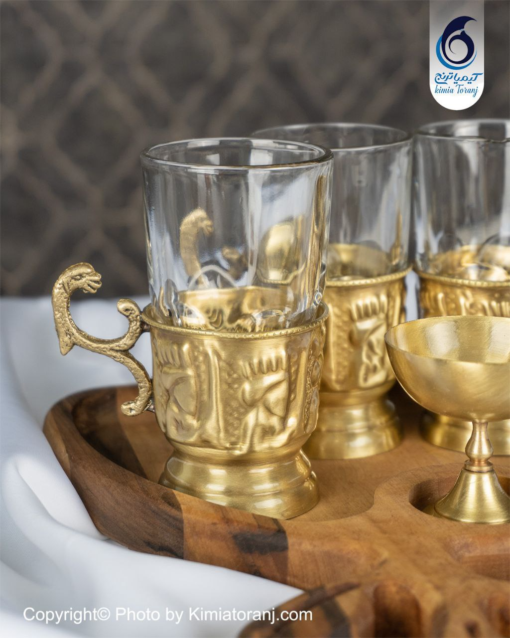 ست چایخوری برگی 3 نفره چوبی و  برنجی قلمزنی