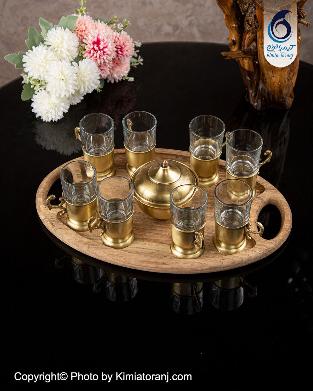 ست چایخوری 8 نفره چوبی و  برنجی ساده