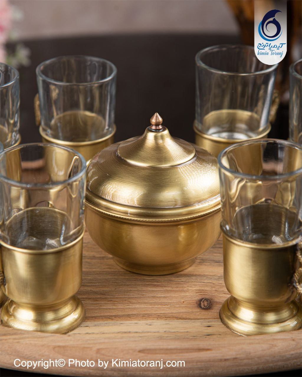 ست چایخوری 8 نفره چوبی و  برنجی ساده