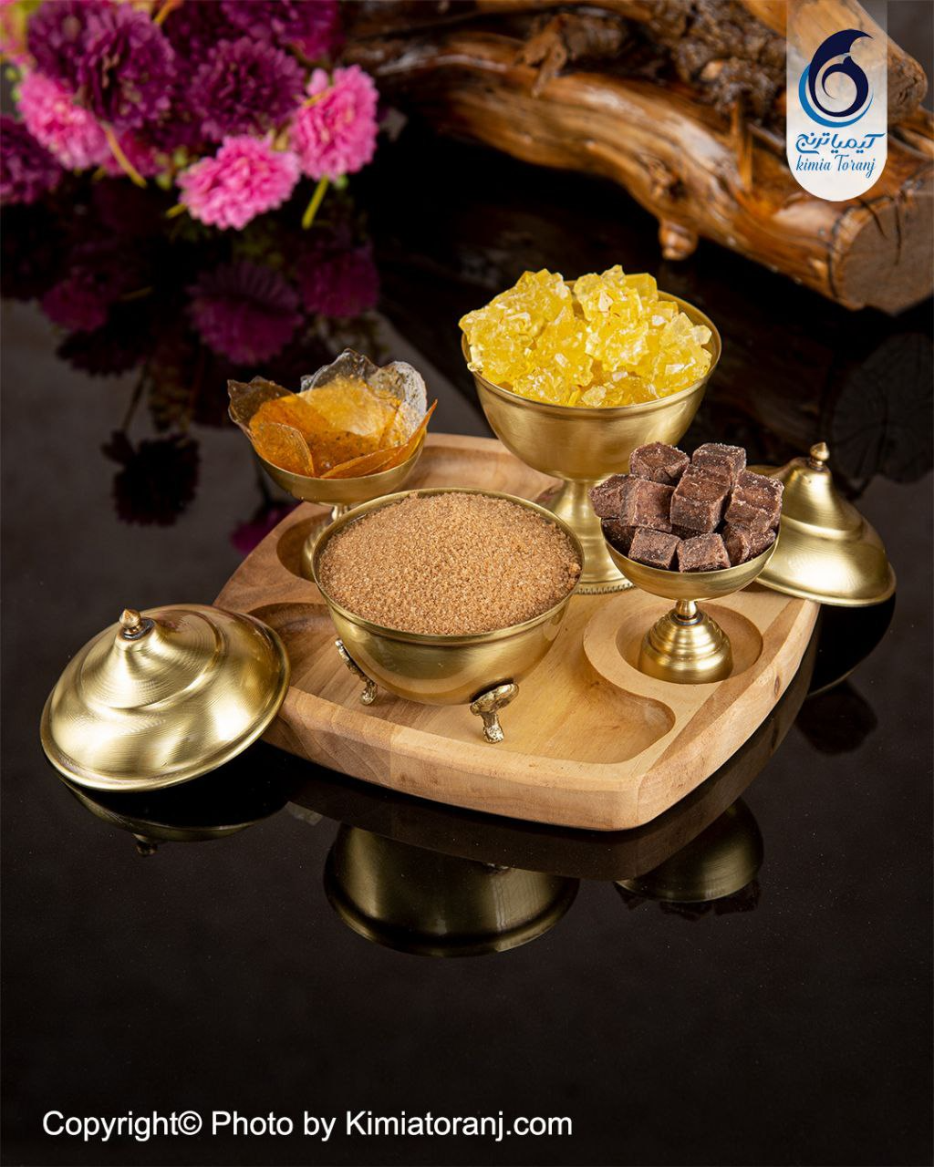 ست قندان چوبی و  برنجی ساده