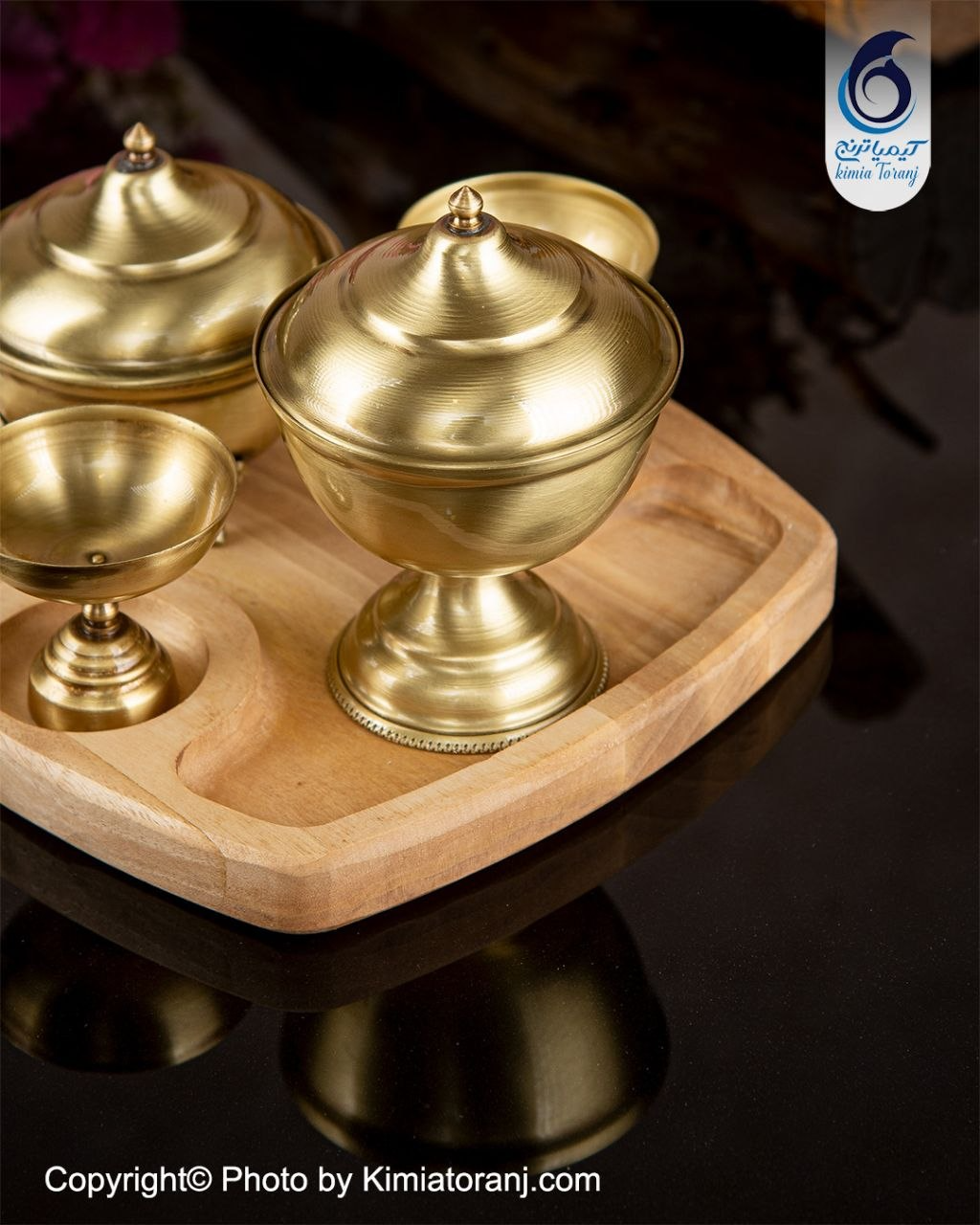 ست قندان چوبی و  برنجی ساده