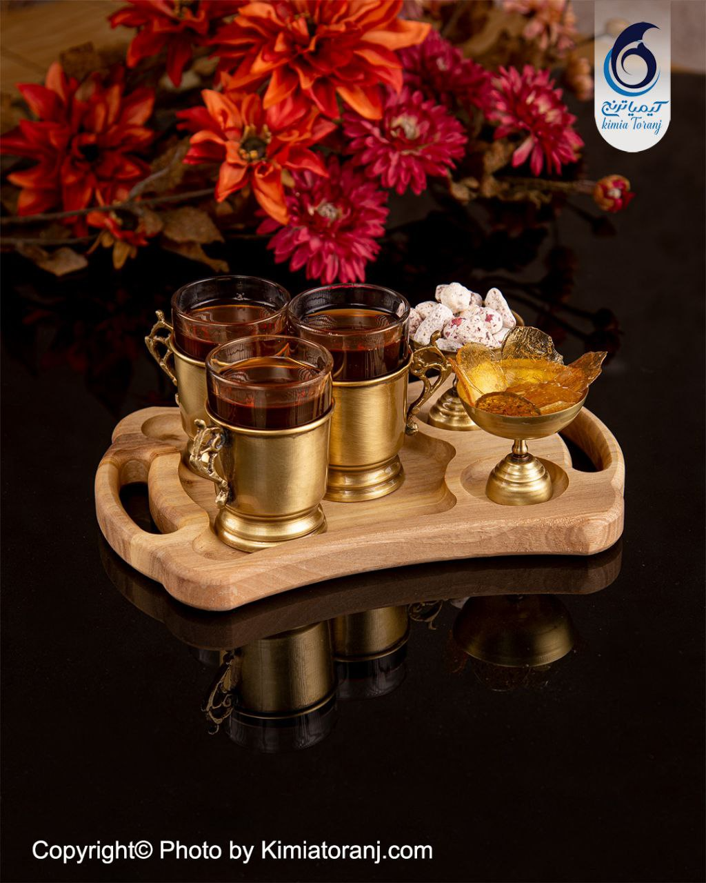 ست چایخوری 3 نفره چوبی و  برنجی ساده