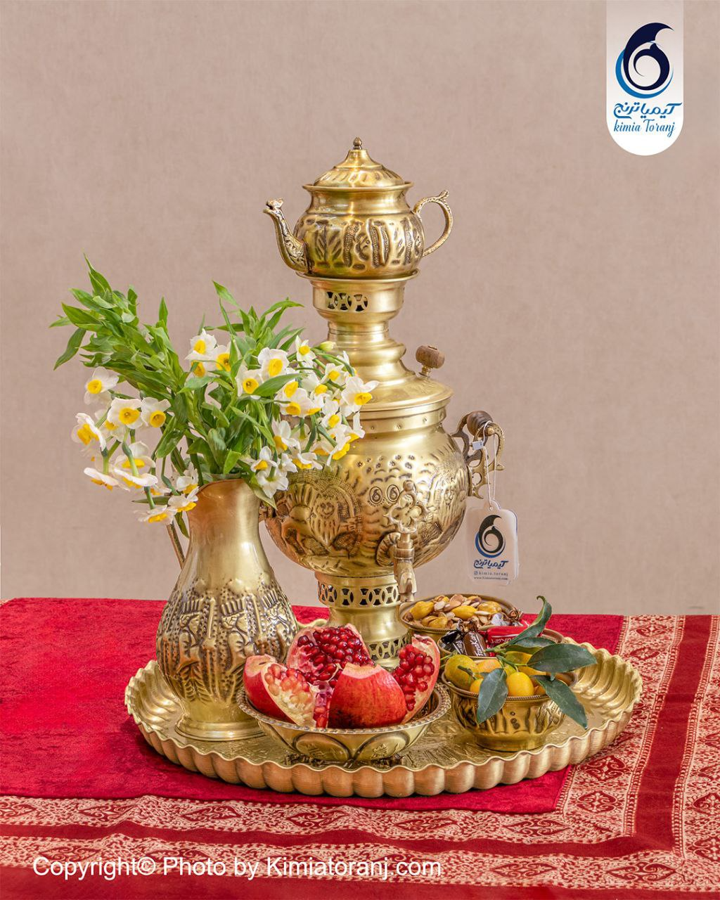 سماور ذغالی ۳ لیتری توپی قلمزنی برنجی ضخیم