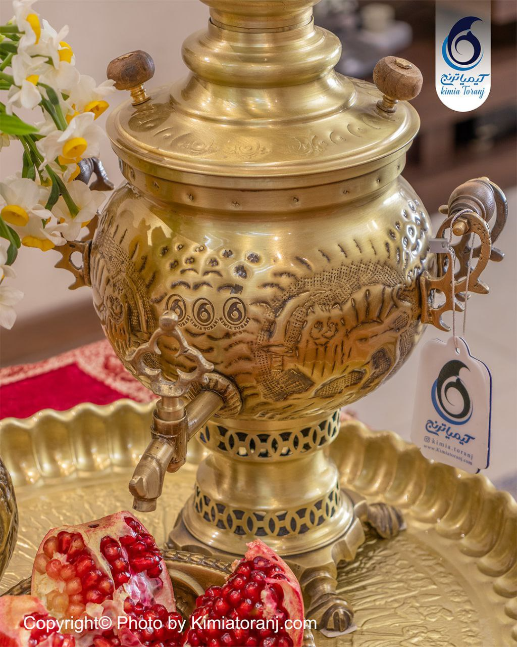 سماور ذغالی ۳ لیتری توپی قلمزنی برنجی ضخیم