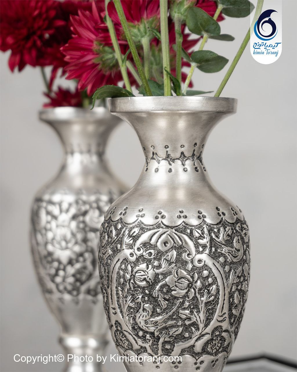 گلدان شبه نقره قلم گل و مرغ