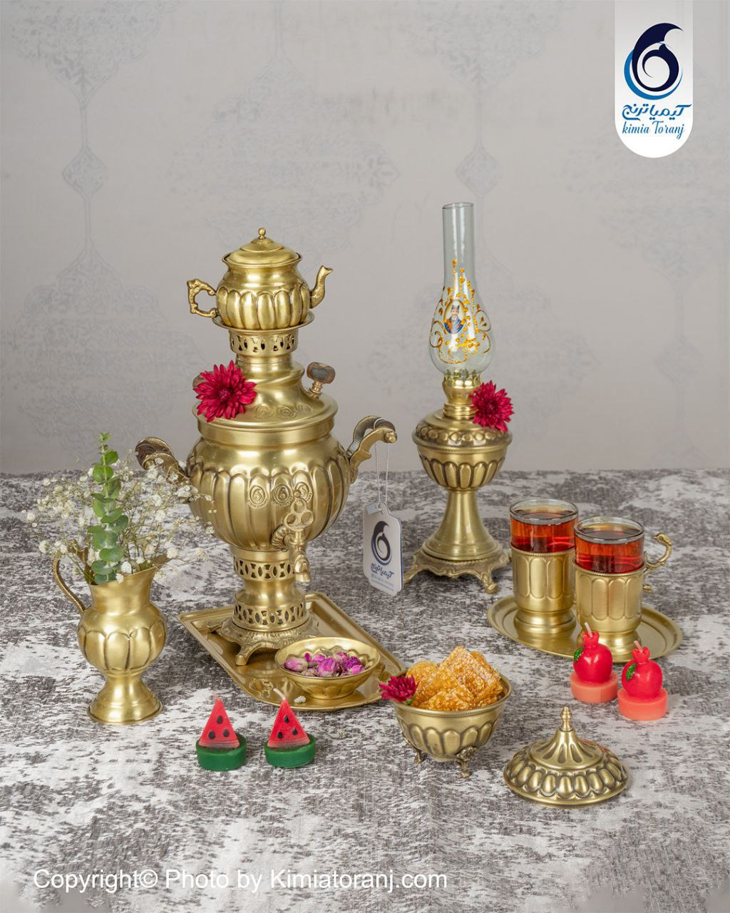 سماور ذغالی ۱ لیتری توپی خطی برنجی ضخیم