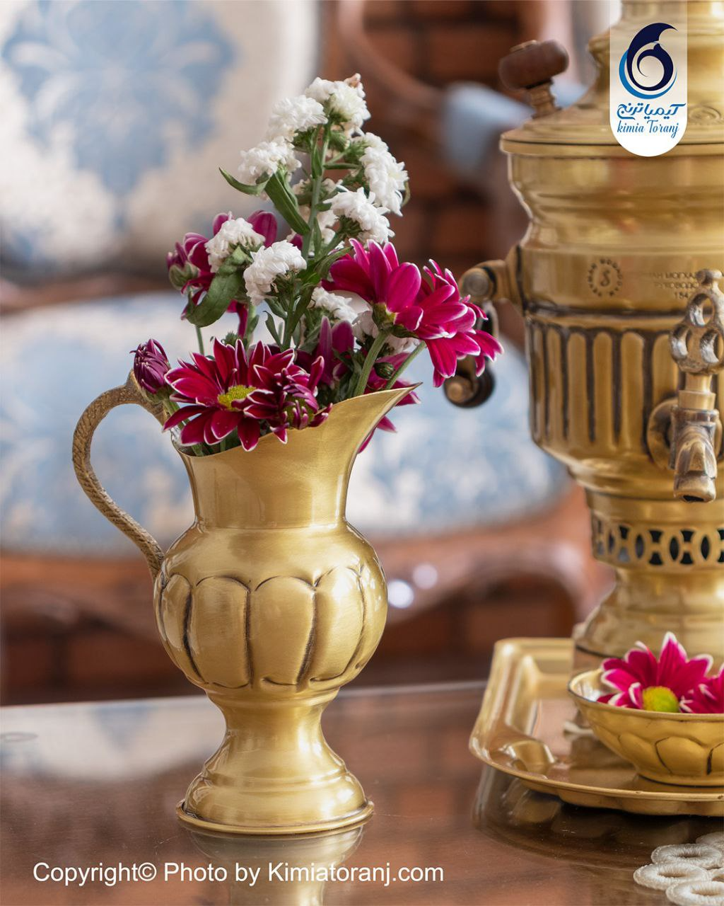 سماور ذغالی 1 لیتری استوانه خطی برنجی ضخیم